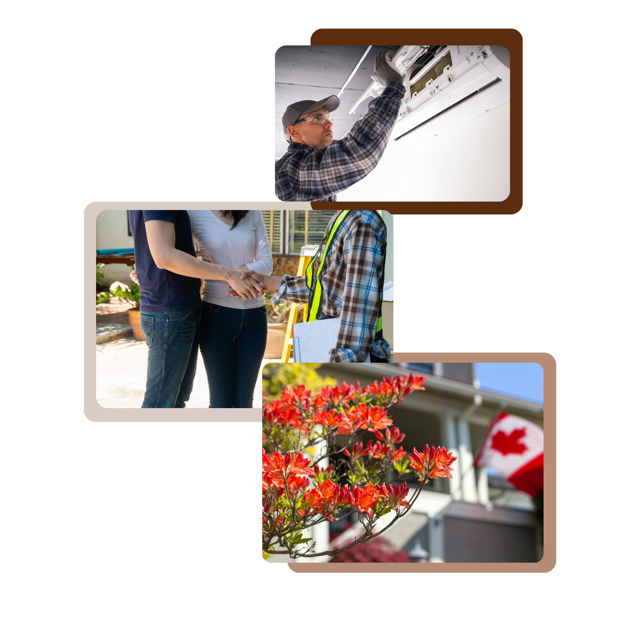 Collage of 3 images showing a contractor working on an AC, 2 homeowners shaking hands with a contractor and a Canadian flag in front of a home.