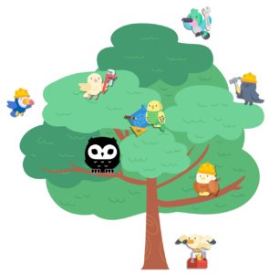 An image of the Comfort Owl logo with the owl in a tree with other birds holding tools to represent the dealers in the Comfort Collective.